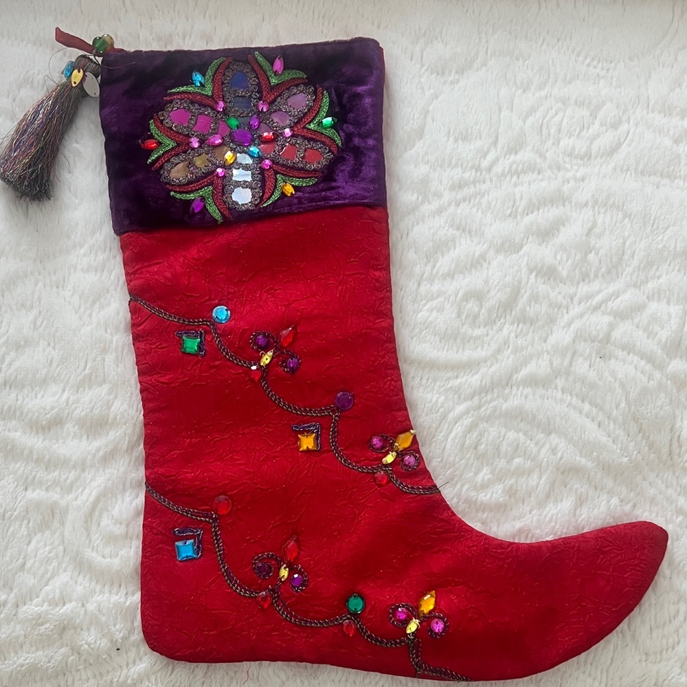 Embroidered Red Christmas Stocking with Purple Cuff